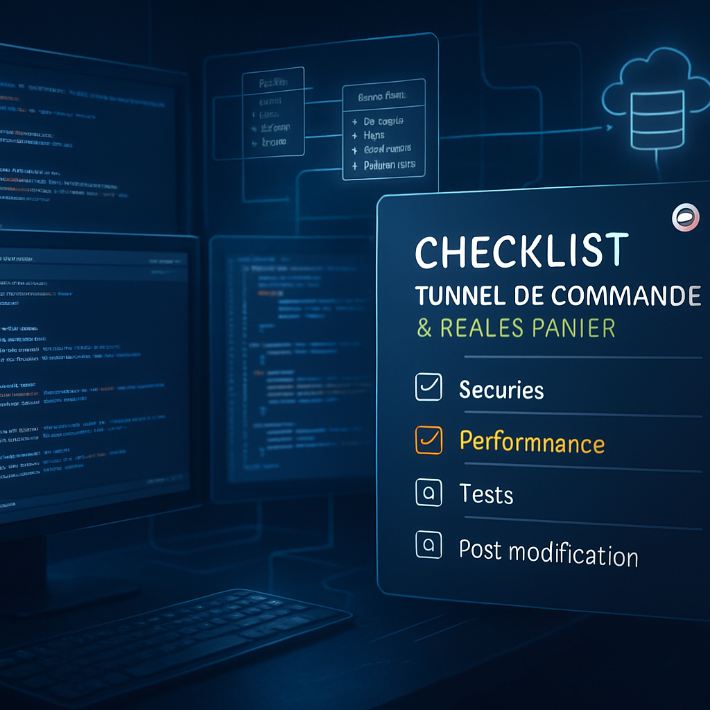 Écrans d'ordinateur affichant une checklist détaillant la sécurité, la performance, les tests et les modifications postérieures de PrestaShop.