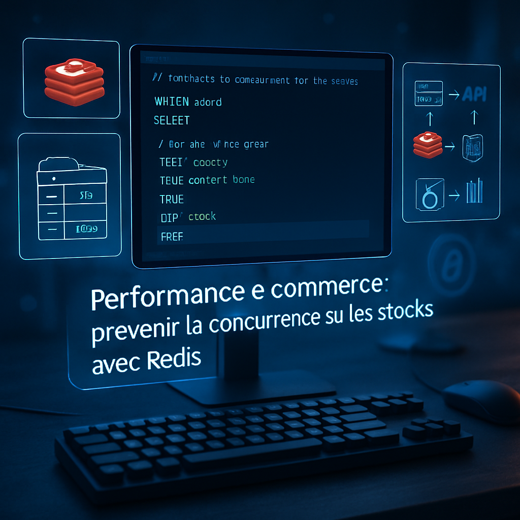 Écran d'ordinateur avec code, icônes de serveur Redis, et texte sur l'optimisation des stocks.