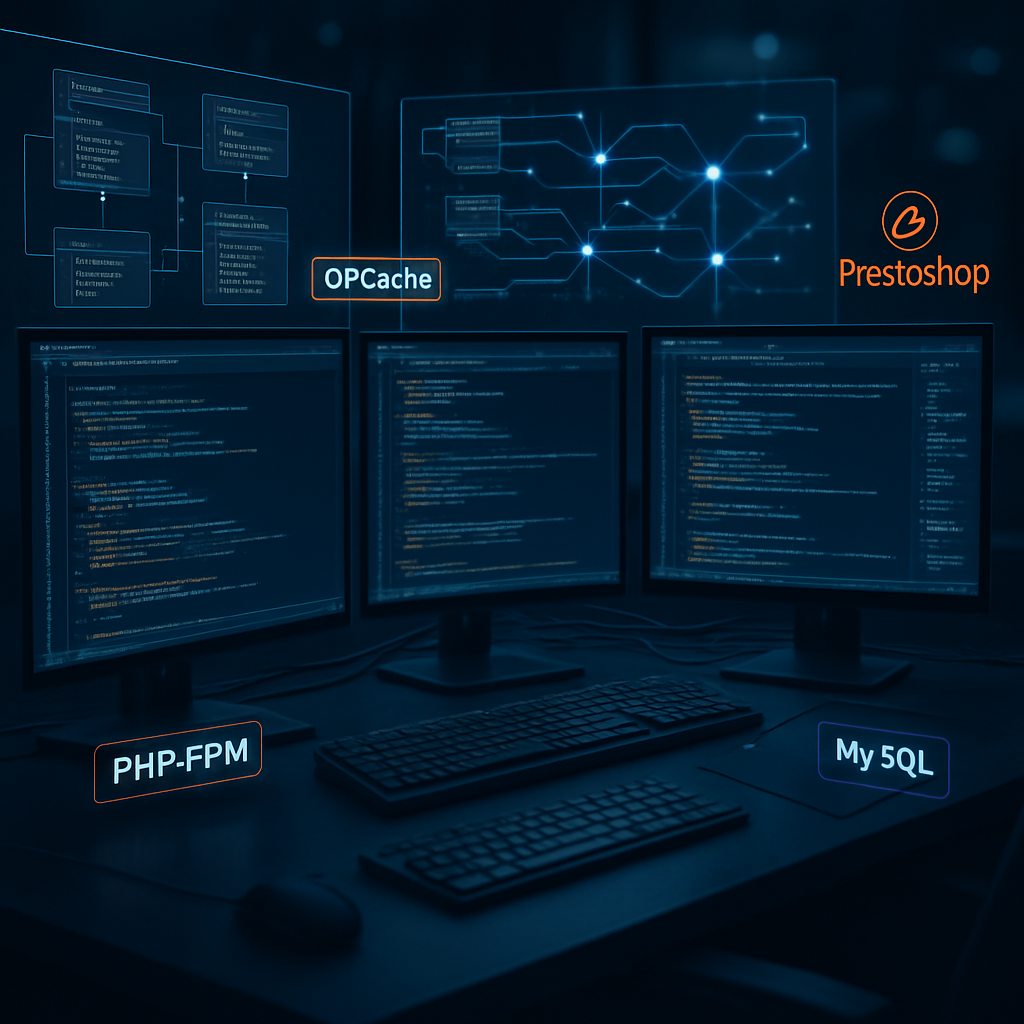 Trois écrans d'ordinateur avec du code, illustrant PHP-FPM, OPCache et MySQL pour PrestaShop.