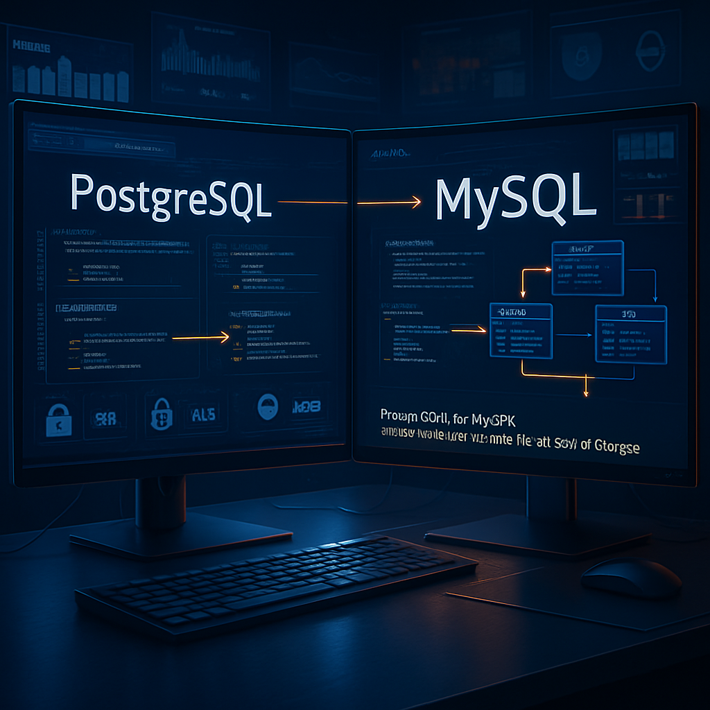 Deux moniteurs présentant des informations comparant PostgreSQL et MySQL.