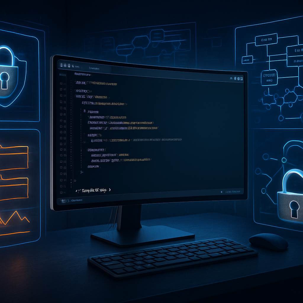 Écran d'ordinateur affichant du code avec des icônes de sécurité en arrière-plan.
