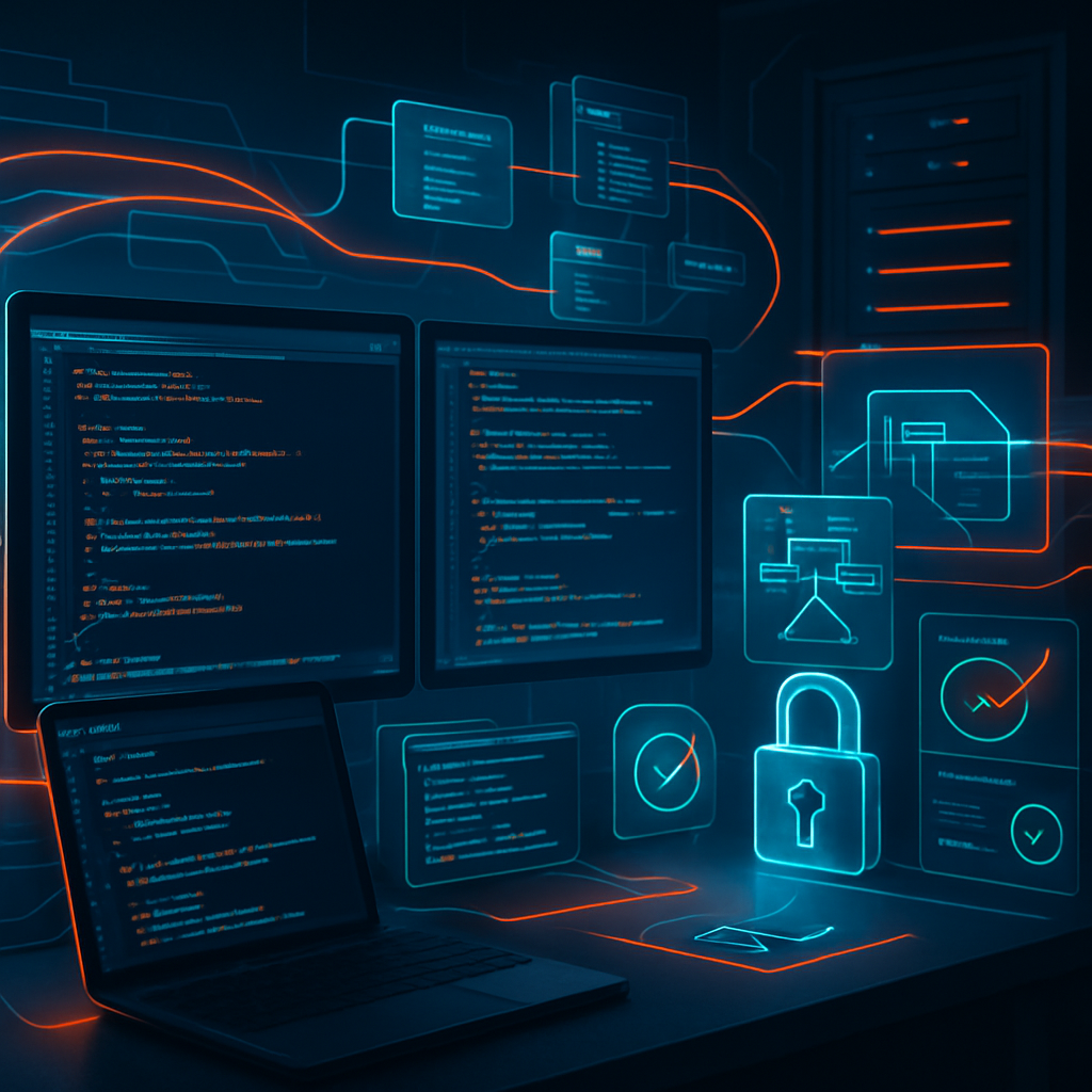 Ordinateurs affichant du code entourés de symboles de sécurité numérique.