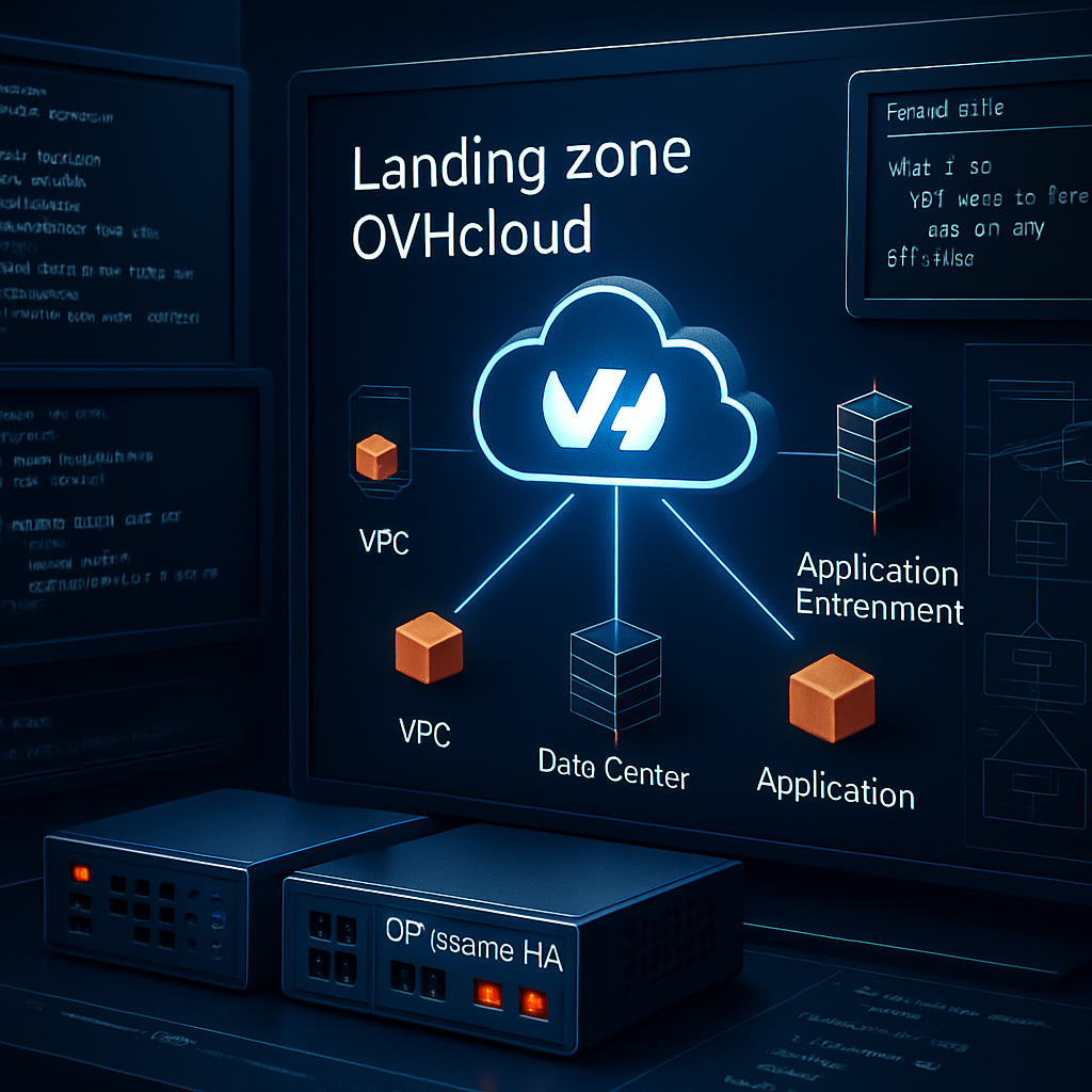 Diagramme de l'architecture OVHcloud montrant des connexions entre des composantes réseau et des applications.