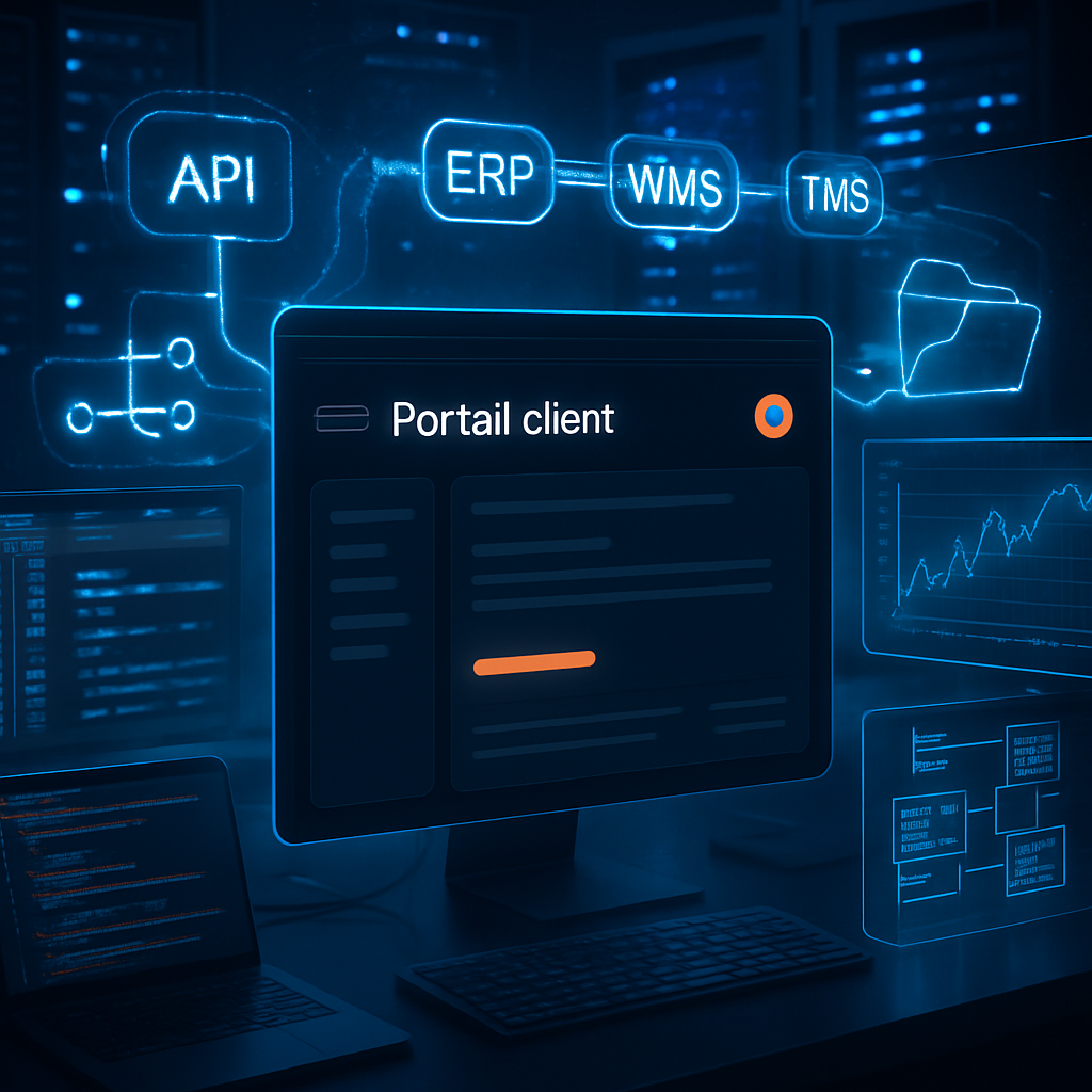 Écran montrant un portail client connecté à ERP, WMS, et TMS par API.