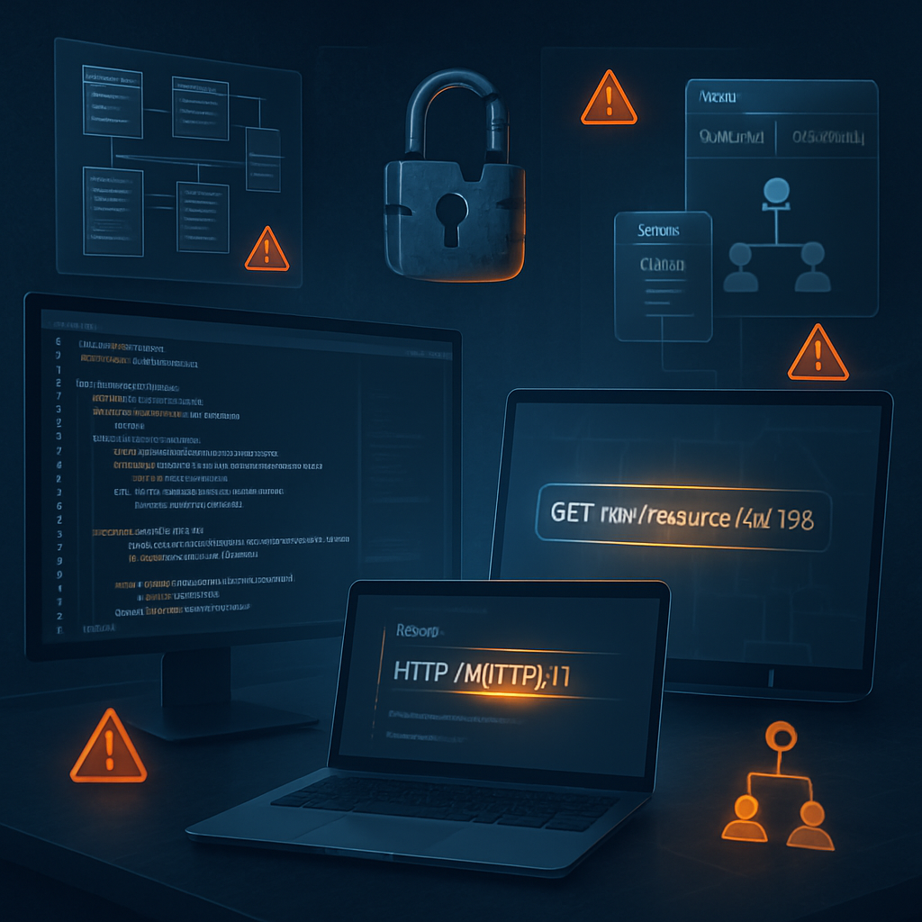 Écrans d'ordinateur avec code, alertes de vulnérabilité et cadenas.