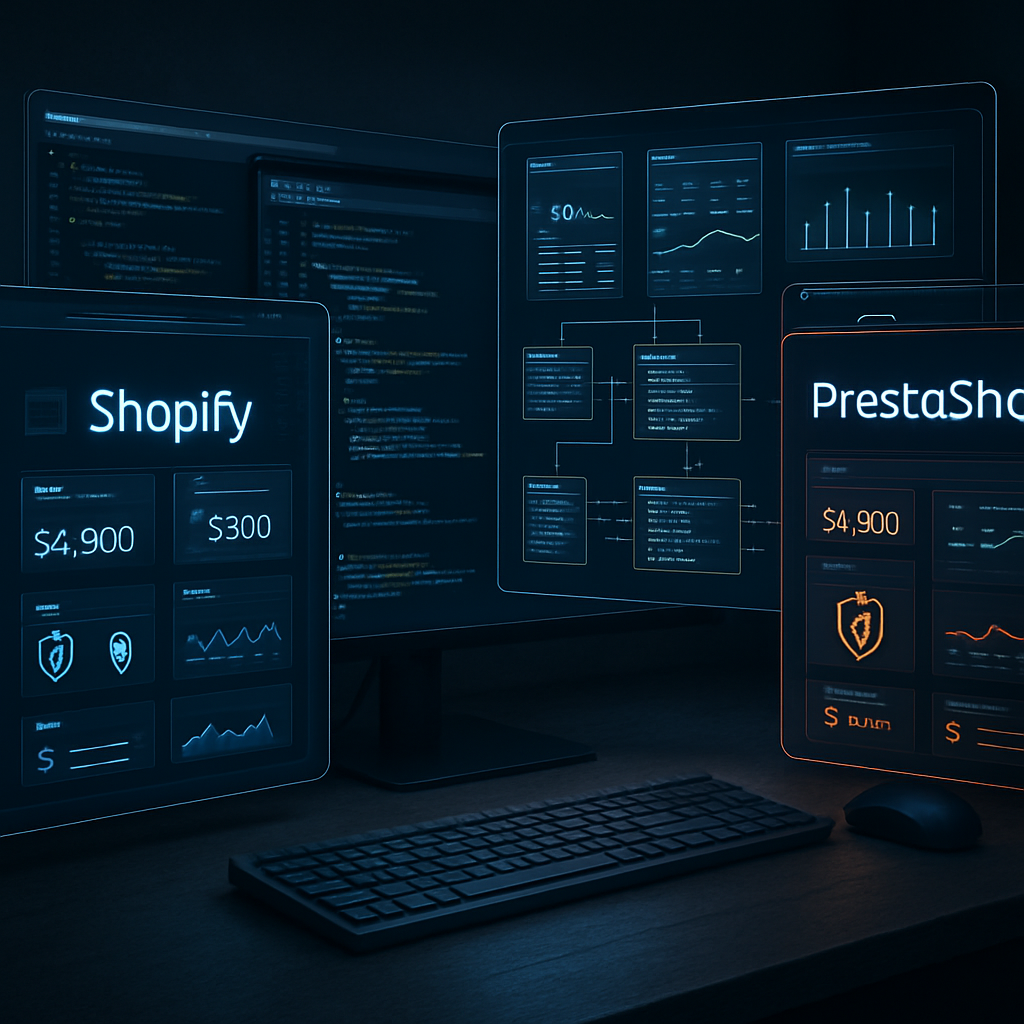 Écrans d'ordinateur affichant des comparaisons entre Shopify et PrestaShop en termes de coût, sécurité et performance.