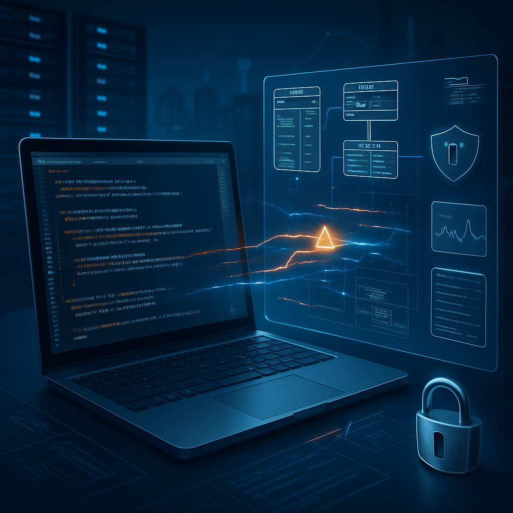 Ordinateur portable avec code et graphiques de sécurité, symbolisant la cybersécurité.