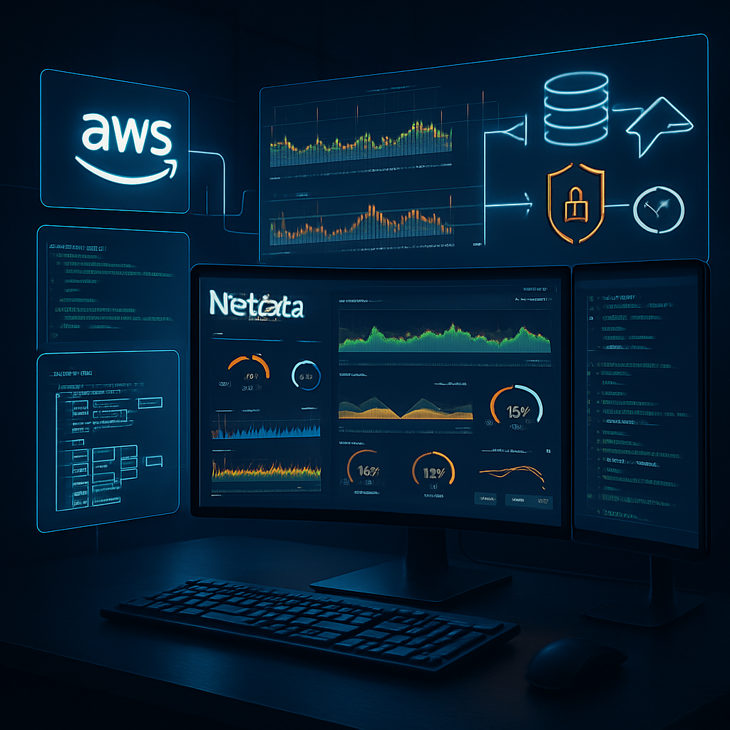 Écrans de surveillance Netdata avec graphiques de données pour AWS et autres technologies.