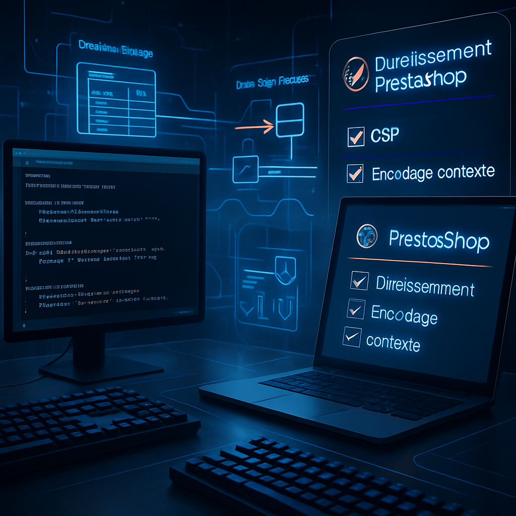 Ordinateurs affichant des mesures de sécurité pour PrestaShop.