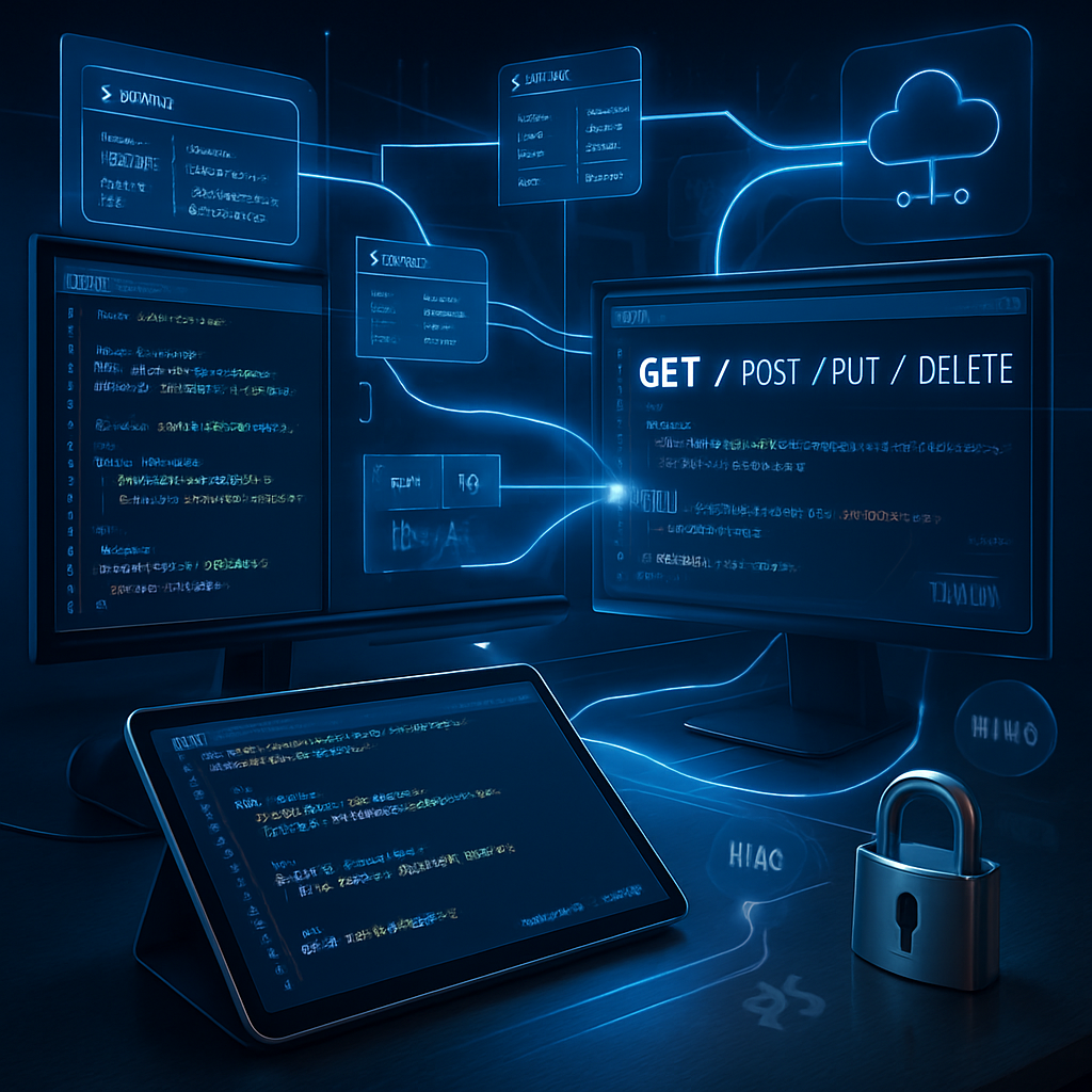 Écrans et tablette montrant du code lié aux opérations API GET, POST, PUT, DELETE, avec un cadenas symbolisant la sécurité.