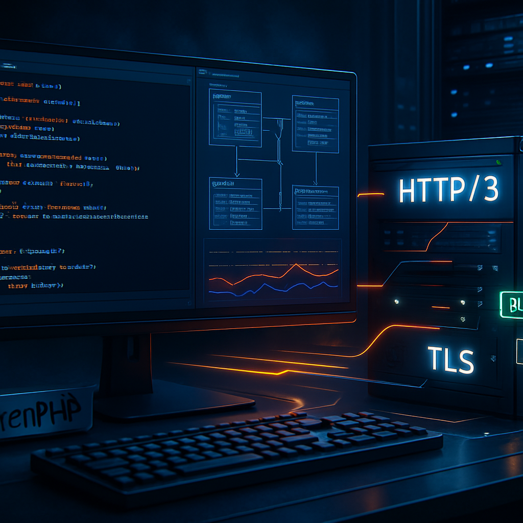 Écran d'ordinateur avec du code et un serveur affichant HTTP/3 et TLS.