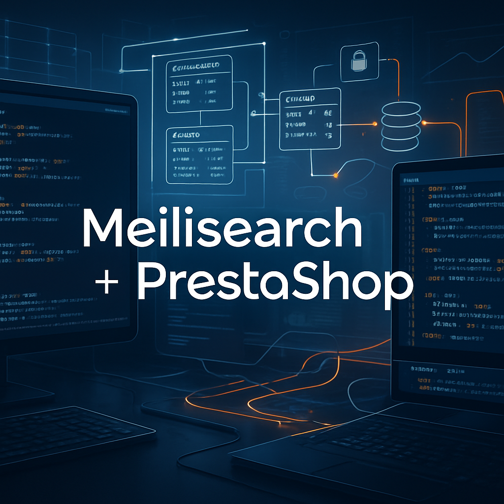 Écrans d'intégration de Meilisearch avec PrestaShop, montrant des flux de données.