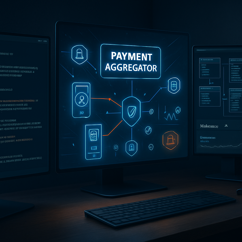 Illustration d'un agrégateur de paiement sur écran avec des connexions vers des services de paiement.