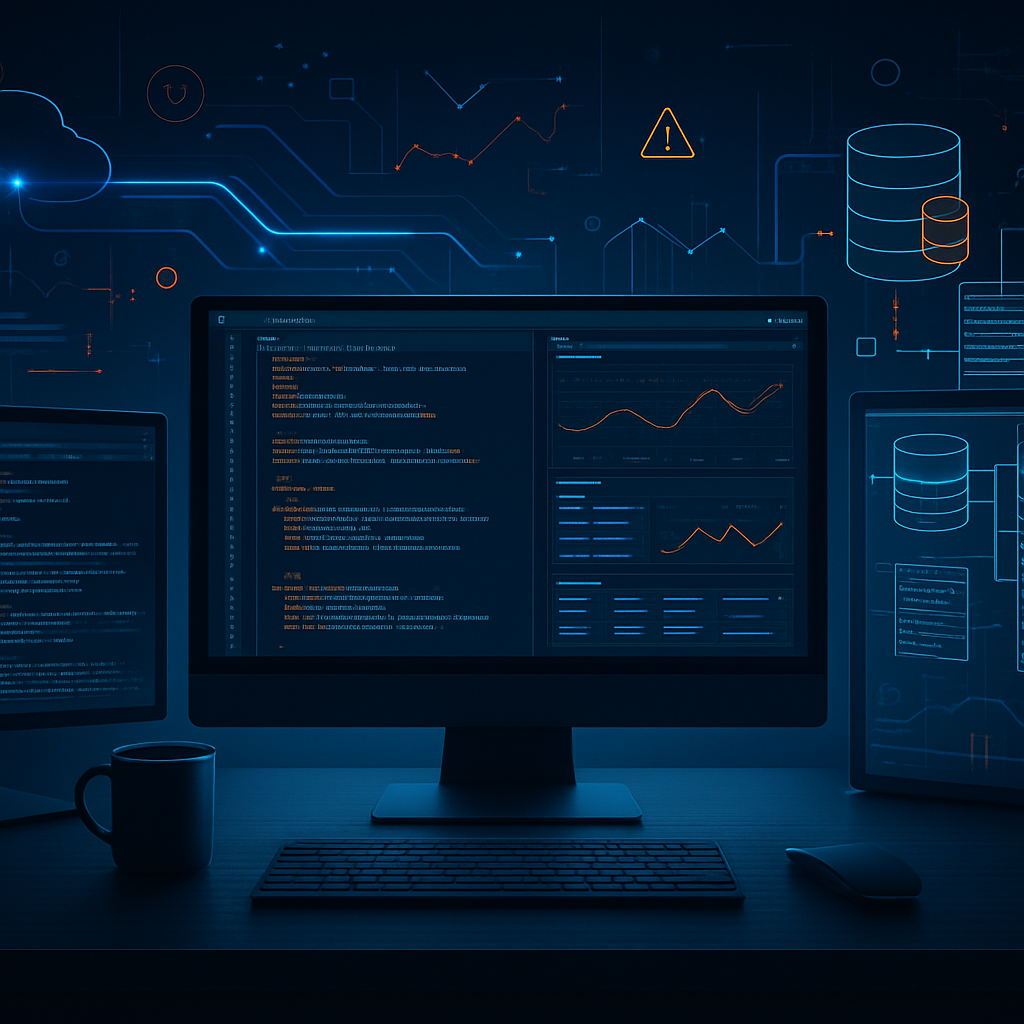 Écran d'ordinateur avec graphiques et code pour la gestion de bases de données.