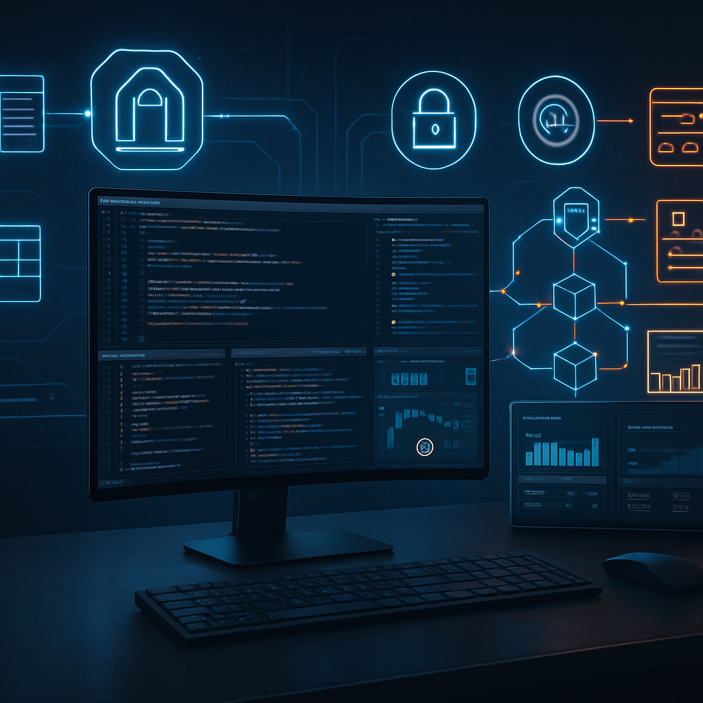 Écran d'ordinateur affichant du code avec des icônes de sécurité et de routage des API.