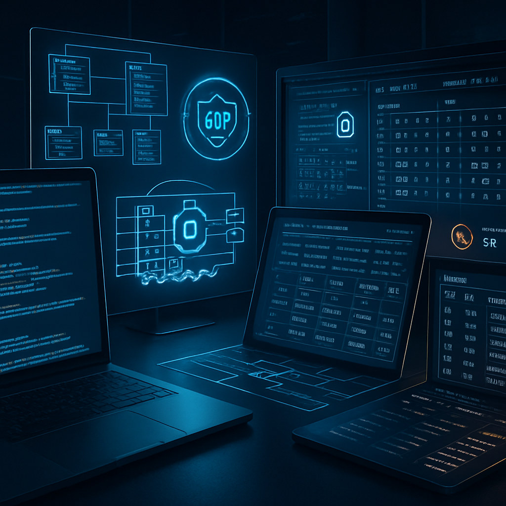 Plusieurs écrans d'ordinateur affichant des interfaces numériques liées à la sécurité et à la gestion de données.
