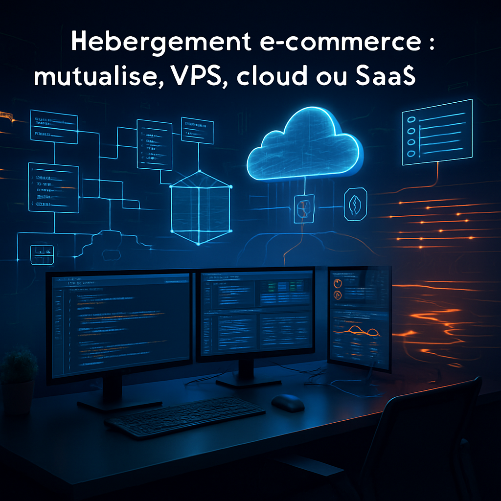 Poste de travail informatique avec des moniteurs et des graphismes numériques illustrant le cloud et les serveurs.