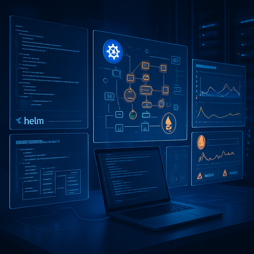 Écran montrant des graphiques et visualisations pour Kubernetes avec Helm.