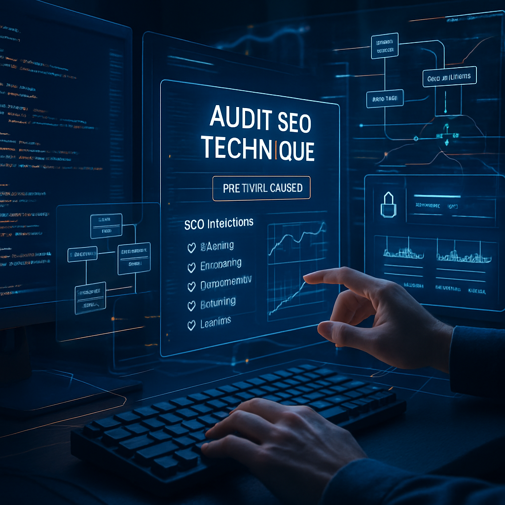 Personne travaillant sur un audit SEO technique avec des écrans numériques affichant des informations détaillées.