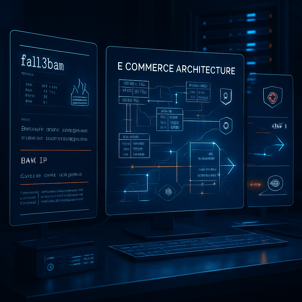 Écrans présentant des schémas de sécurité pour l'architecture e-commerce.