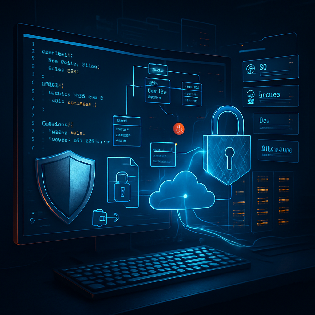 Écran d'ordinateur affichant des icônes de sécurité et de protection des données.