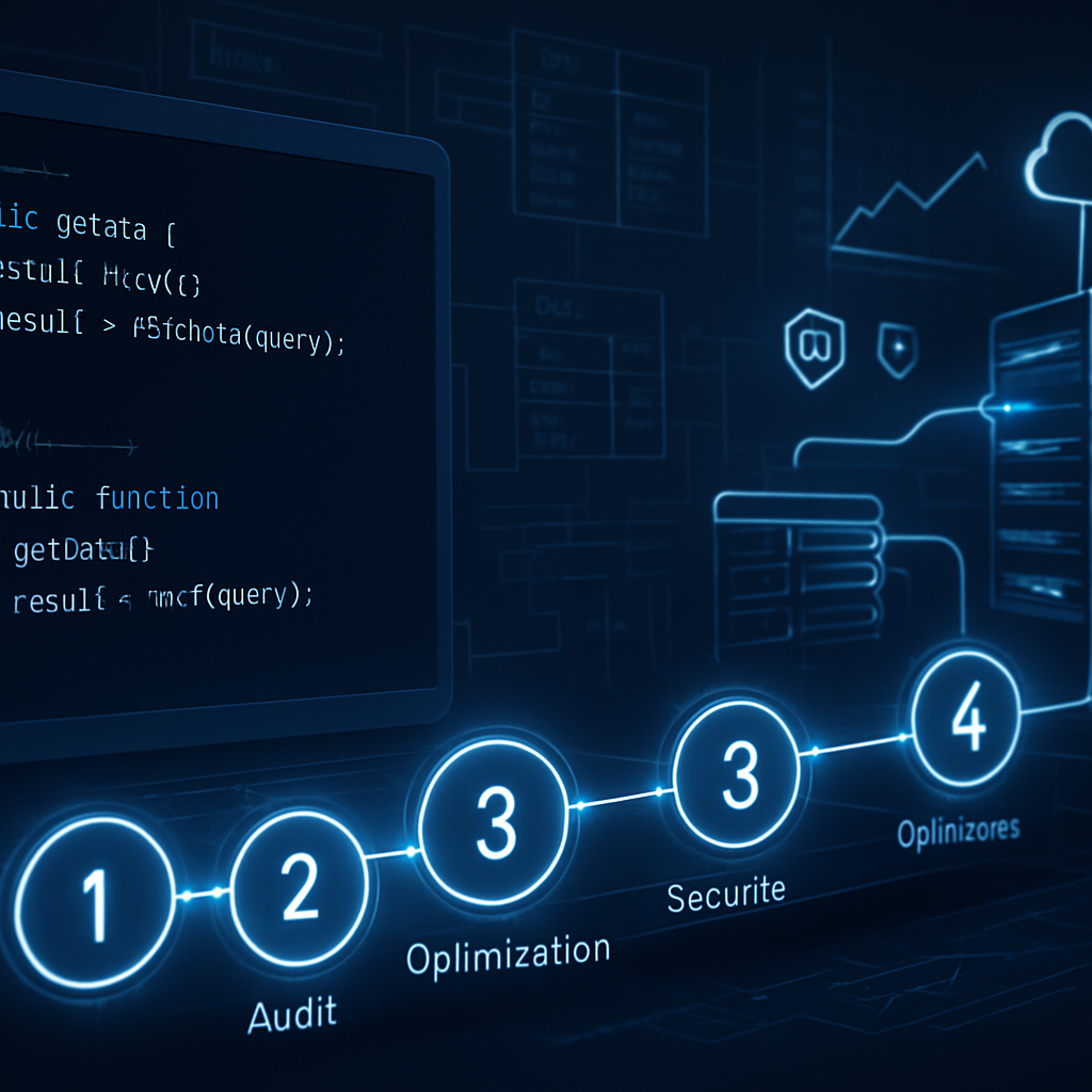 Processus d'audit illustré avec du code et étapes numérotées.