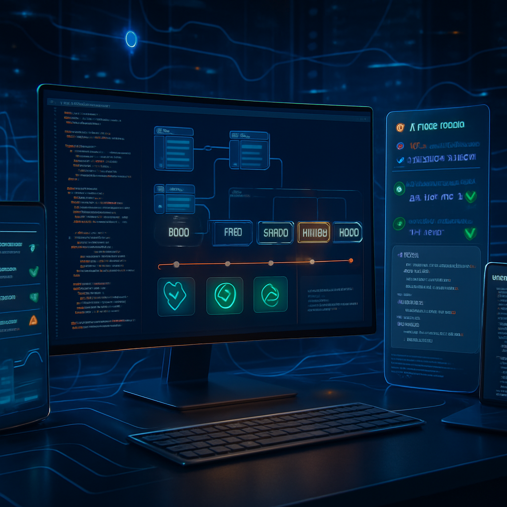 Capture d'écran d'une interface de développement de logiciels avec des diagrammes de processus et des icônes de validation.
