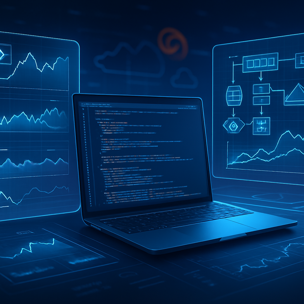 Ordinateur portable avec code, graphiques et diagrammes de flux représentant une architecture cloud.