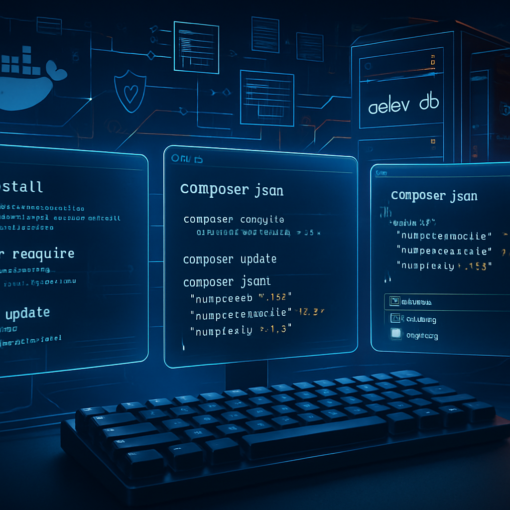 Trois écrans affichent des commandes Composer avec un clavier en avant-plan.