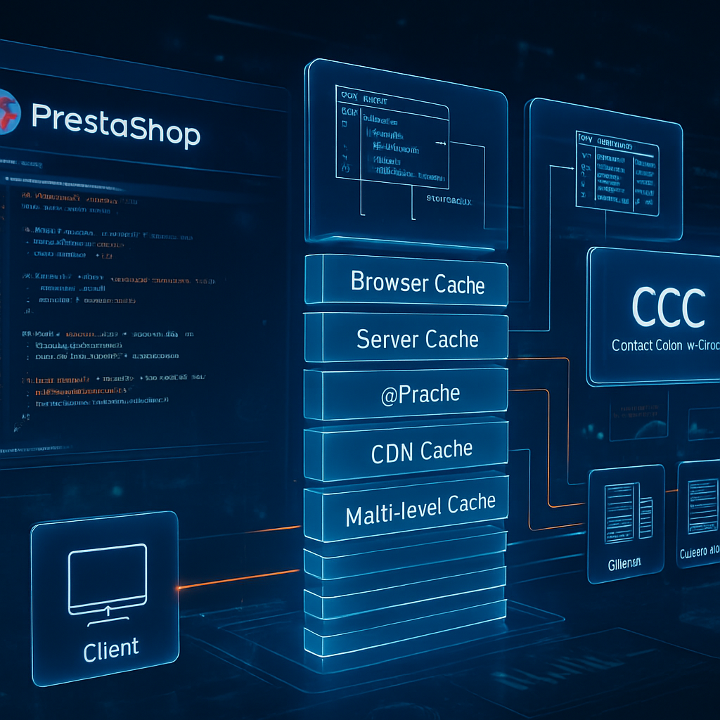 Diagramme éducatif illustrant les différents niveaux de cache dans PrestaShop.