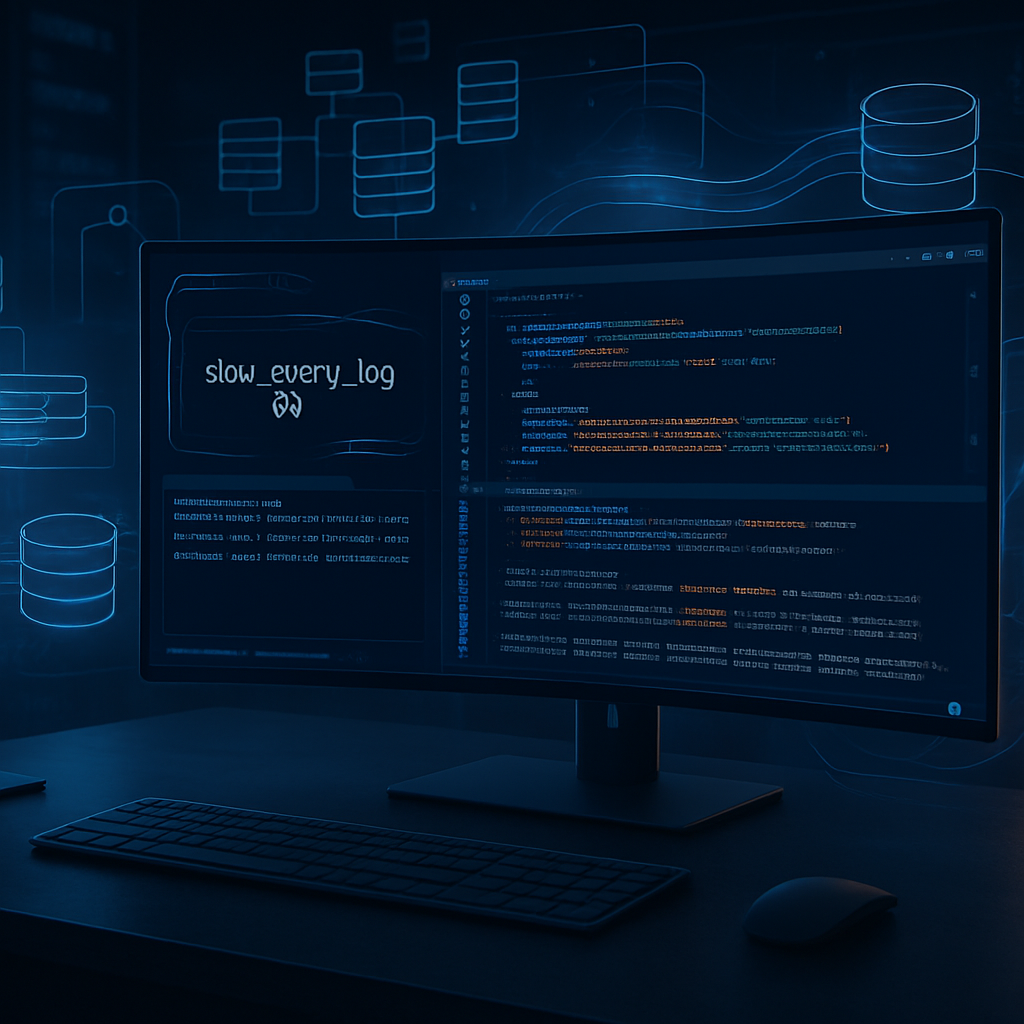 Écran d'ordinateur avec code pour la journalisation des requêtes MySQL lentes.