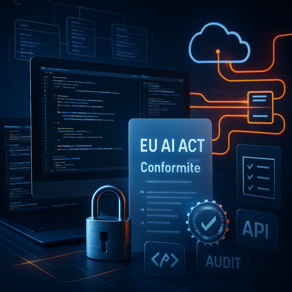 Illustration de conformité avec le EU AI Act, comprenant un écran d'ordinateur, un cadenas, et des icônes symboliques.