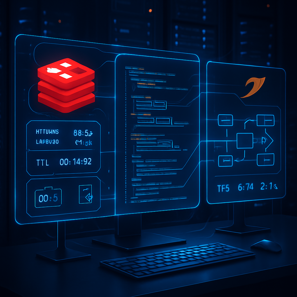 Deux écrans affichant une configuration de cache Redis et du code.
