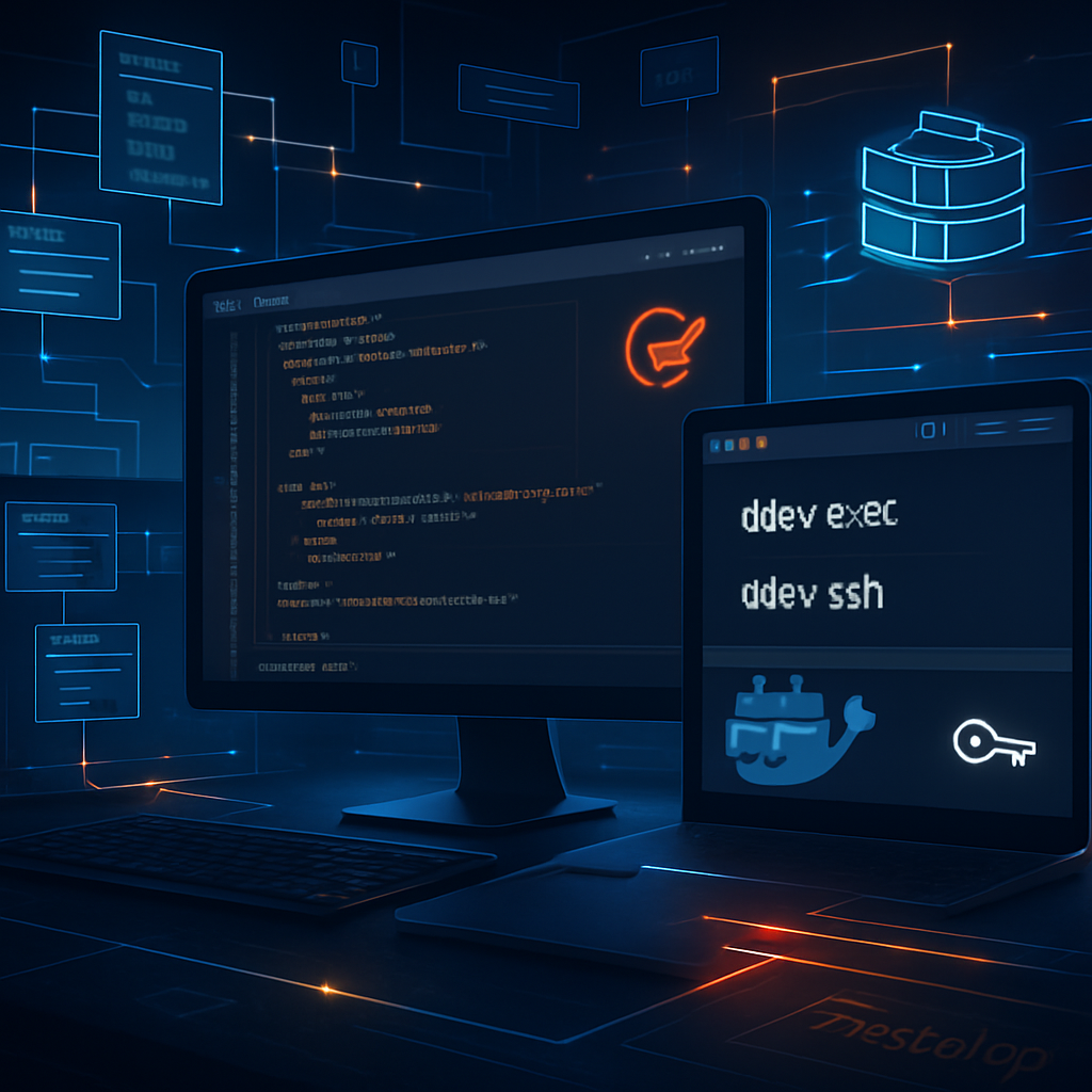 Deux écrans avec du code et des commandes DDEV, dans un contexte de développement logiciel.
