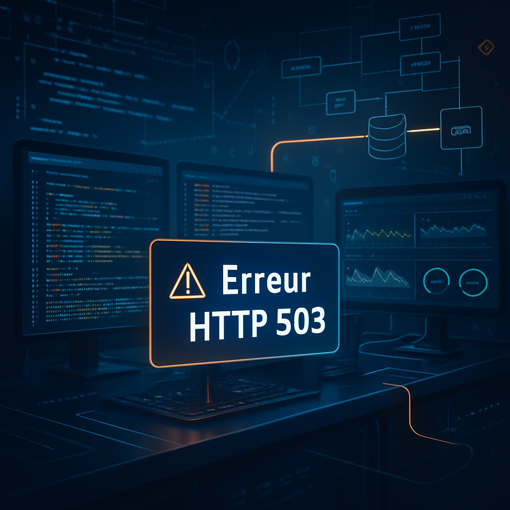Des écrans d'ordinateur affichant une erreur HTTP 503 avec des codes et graphiques.