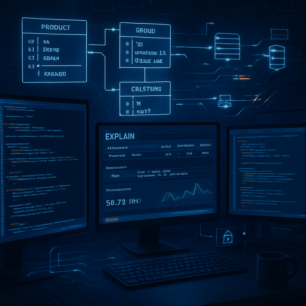 Trois écrans avec du code et des schémas de bases de données pour le débogage SQL.