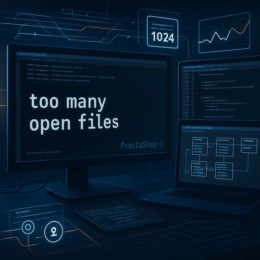 Capture d'écran de plusieurs écrans d'ordinateur avec l'erreur 'too many open files'.