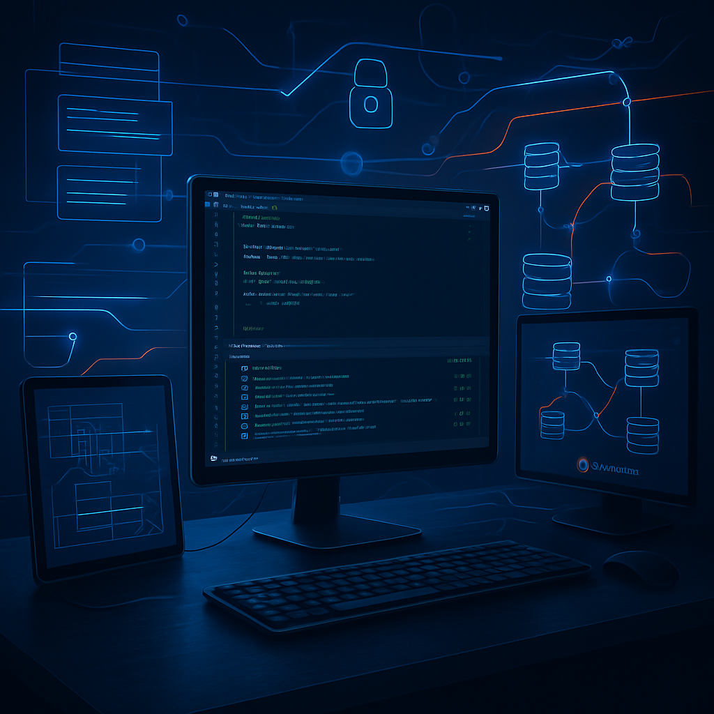 Bureau avec écrans affichant du code et des schémas de serveur dans un contexte de sécurité informatique.