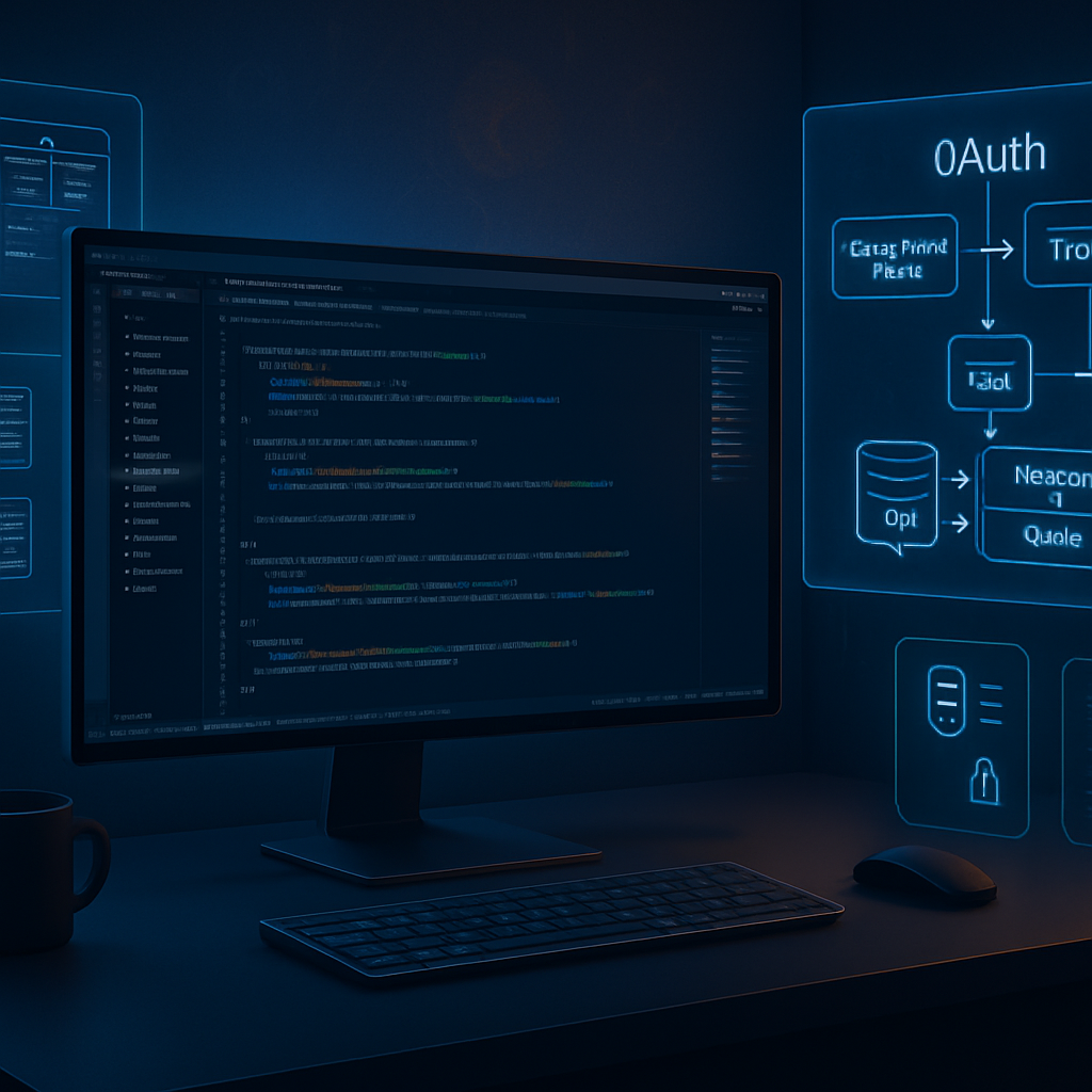 Un bureau avec un écran affichant du code et un schéma explicatif OAuth.
