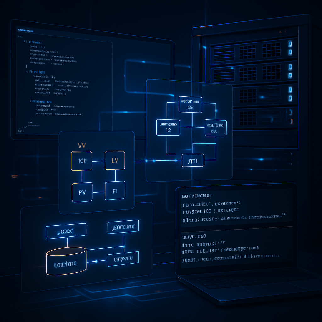 Diagrammes et code sur un écran illustrant la configuration LVM et ZFS pour un serveur.