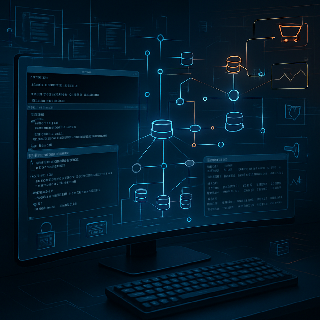 Écran d'ordinateur affichant un schéma de réseau et des fenêtres de code.
