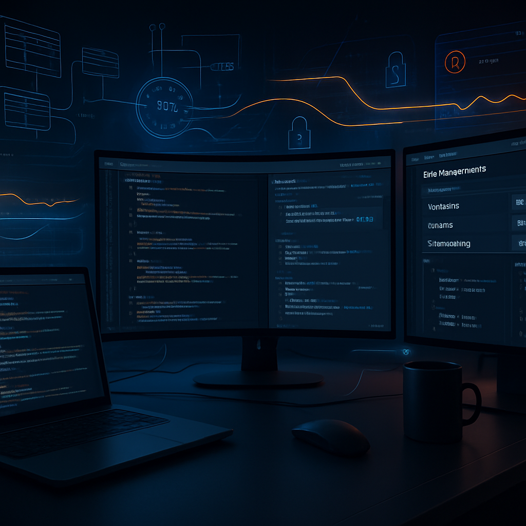 Écrans d'ordinateur avec code et interface utilisateur dans un bureau sombre.