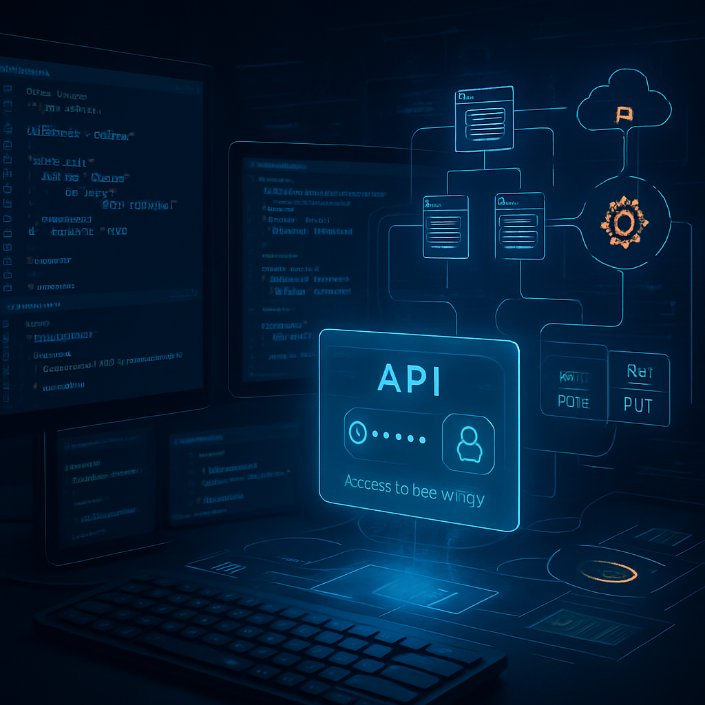 Illustration numérique représentant un environnement API avec des connexions et des paramètres de configuration.