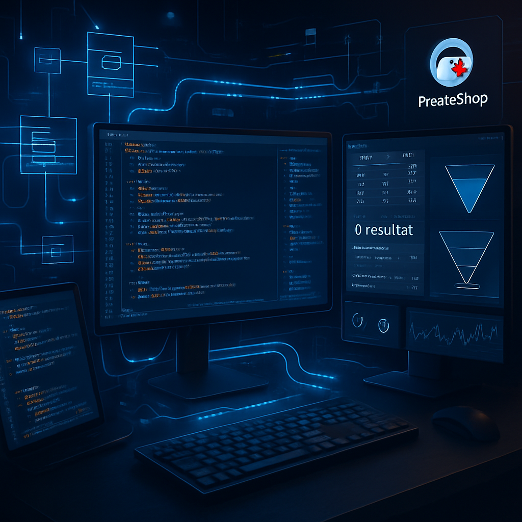 Écrans d'ordinateur affichant des graphiques et des codes pour l'analyse PrestaShop.