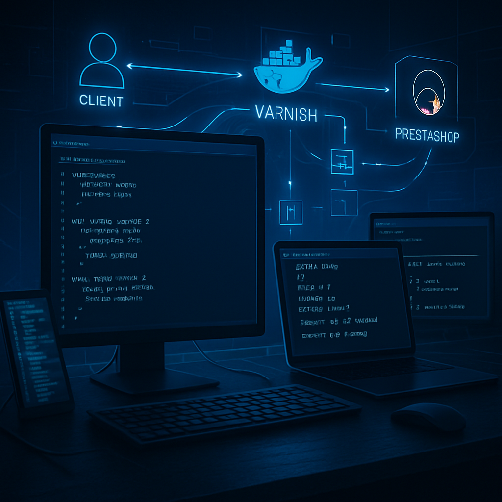 Diagramme technique du flux entre client, Varnish et PrestaShop avec des écrans montrant du code.