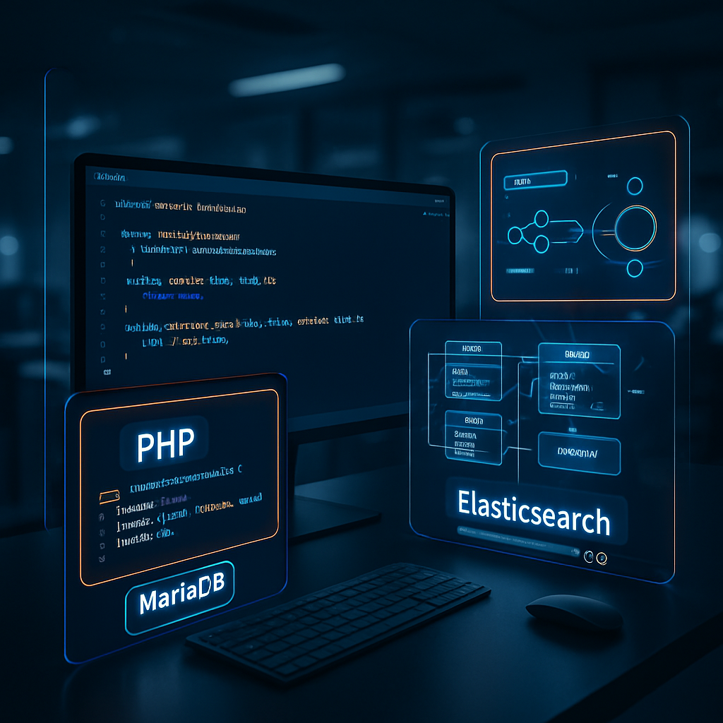 Écrans futuristes affichant PHP, MariaDB et Elasticsearch avec une interface de code et des diagrammes.