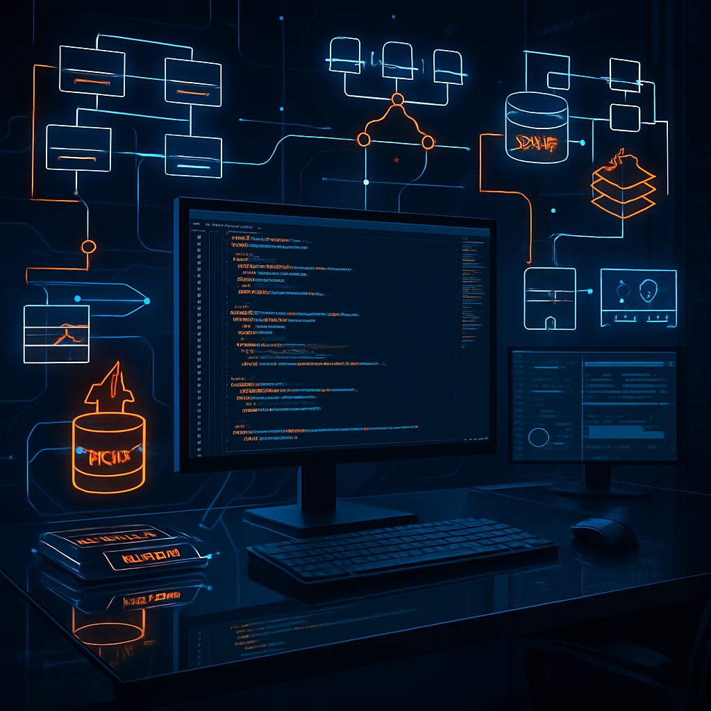 Écran d'ordinateur avec code et schémas de gestion de serveurs.