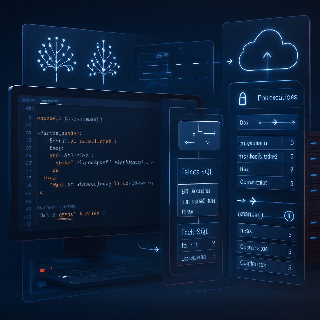 Écran d'ordinateur avec du code et des graphiques représentant des bases de données.