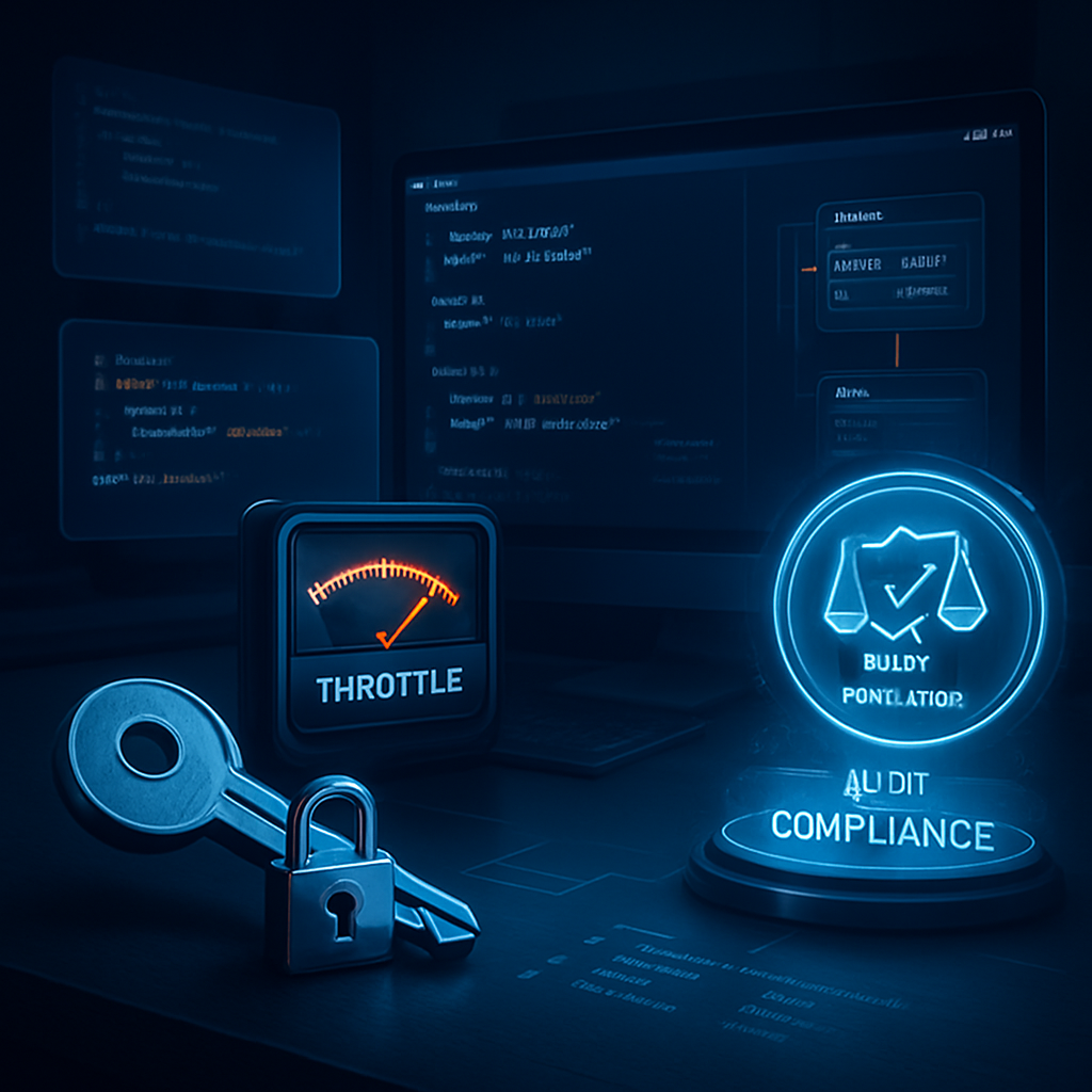 Des éléments visuels représentant la sécurité et la conformité des API, dont une clé, un cadenas, et des références à la limitation de débit et à la conformité.