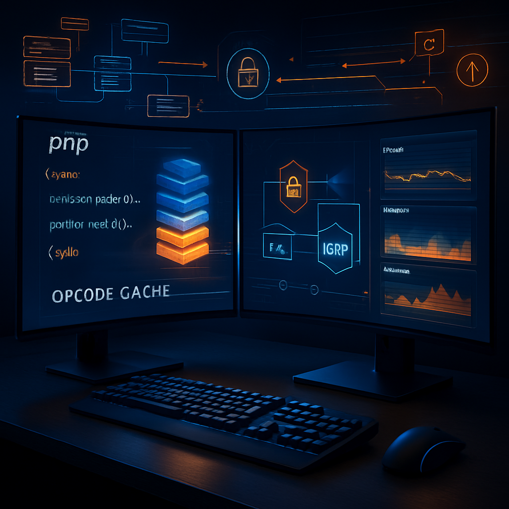 Poste de travail avec double moniteur affichant des données techniques sur le cache opcode et la sécurité.